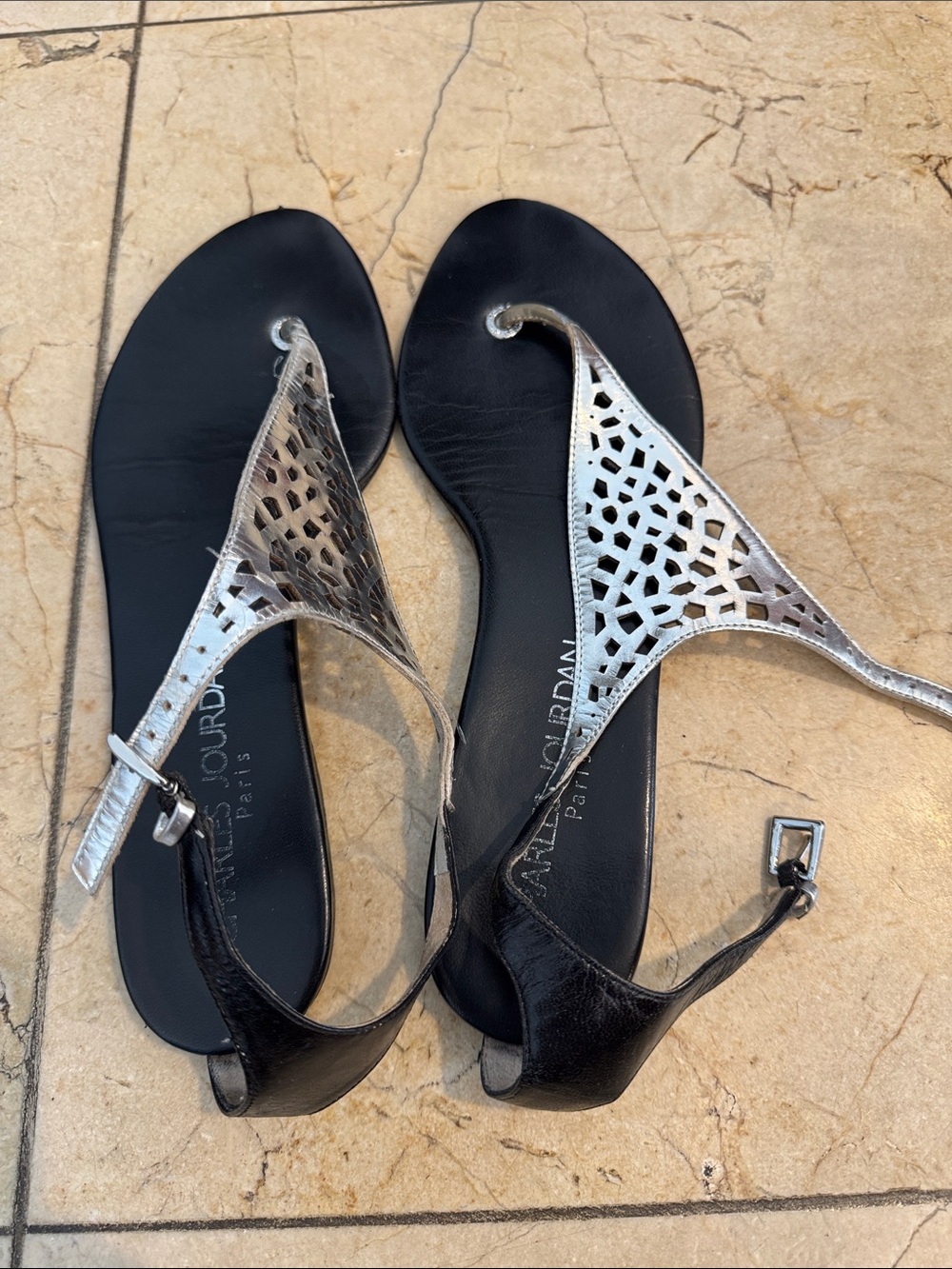 Charles Jourdan Black & Silver Laser Cut T-Strap Sandals